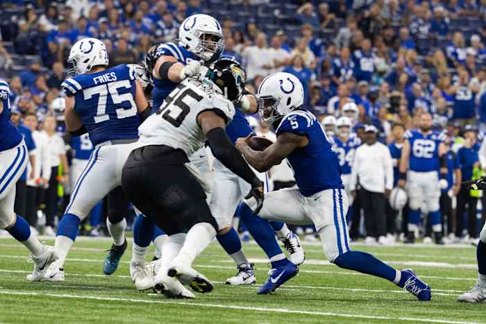 Sep 10, 2023; Indianapolis, Indiana, USA; Indianapolis Colts quarterback Anthony Richardson (5) runs the ball in the second half against the Jacksonville Jaguars at Lucas Oil Stadium.